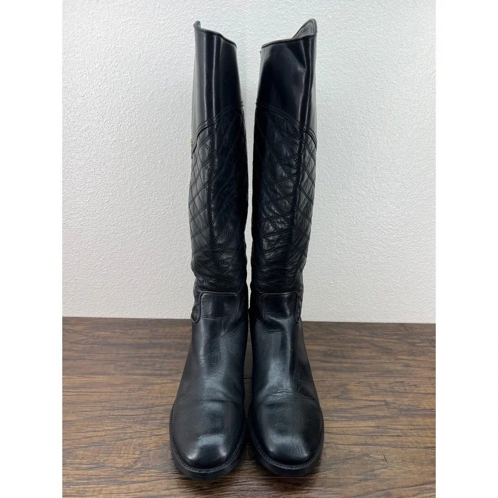 Tory Burch Women's 7.5M Claremont Quilted Black Leather Tall‎ Riding Boots